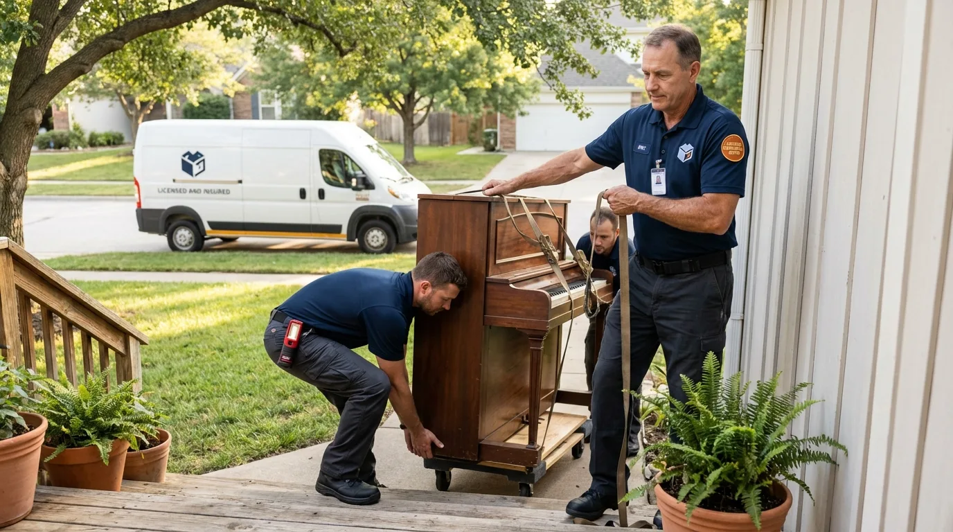 Licensed piano movers securing grand piano in Pittsboro, IN