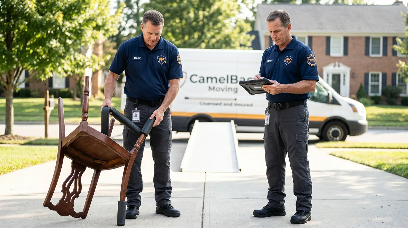 Movers inspecting furniture for damage prevention before loading in Pittsboro, IN